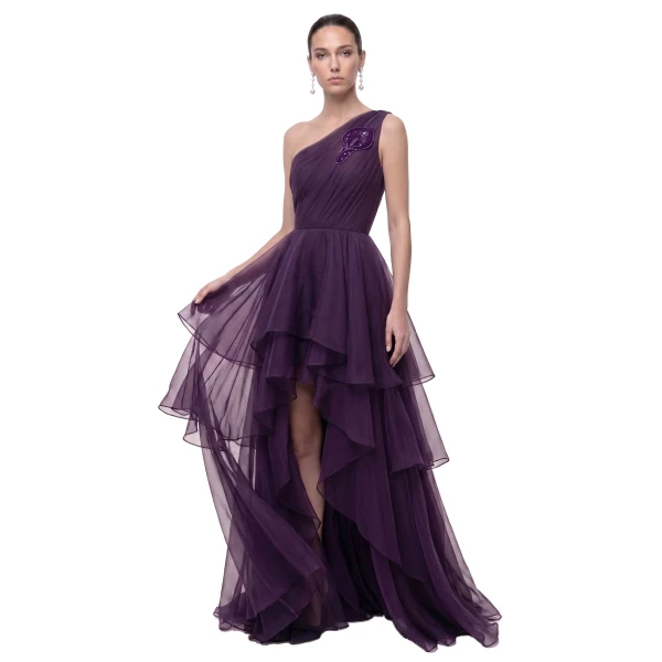 Calla Lily Embellished One-Shoulder Tiered High-Low Gown in Purple