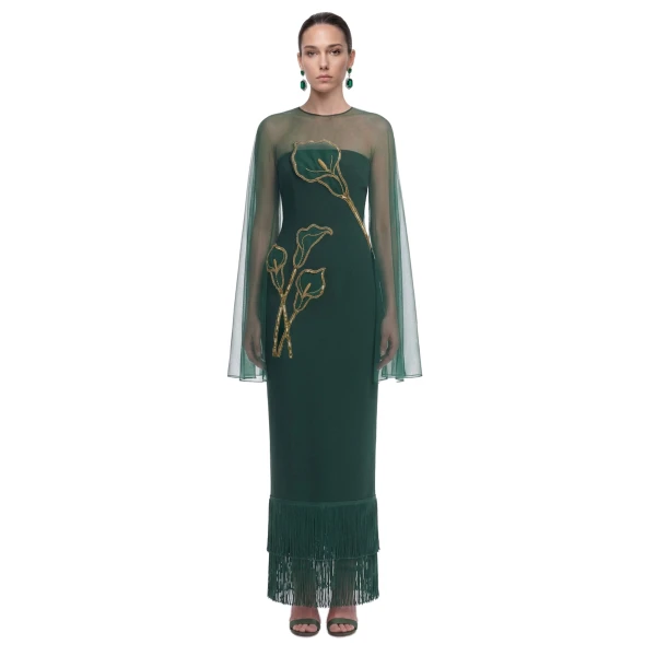 Calla Lily Embellished Sheer Cape Fringe Maxi Dress in Emerald Green