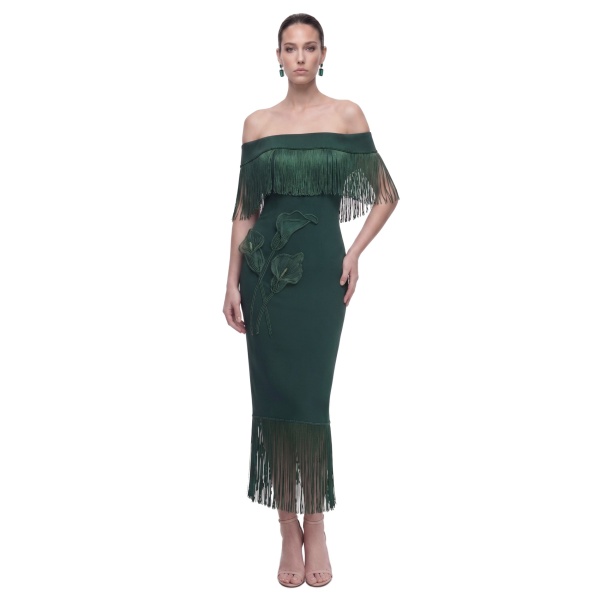 JW PEI Calla Lily Off-Shoulder Fringe Midi Dress