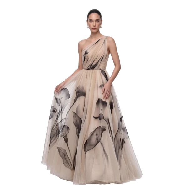 Calla Lily One-Shoulder Tulle Ball Gown in Beige