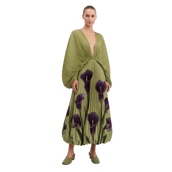 JW PEI Calla Lily Pleated Balloon-Hem Maxi Dress