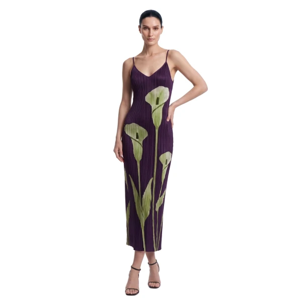 Calla Lily Pleated Strappy Midi Dress in Purple & Green