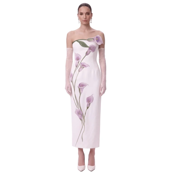 Calla Lily Strapless Column Midi Dress in White & Lilac