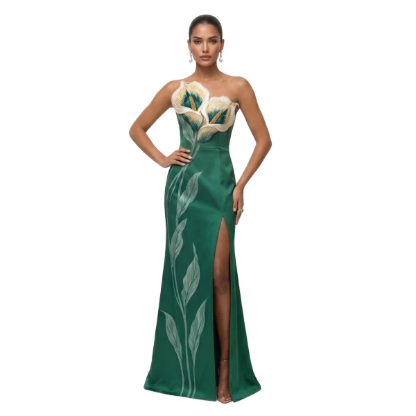 Calla Lily Strapless Slit Maxi Dress in Emerald Green
