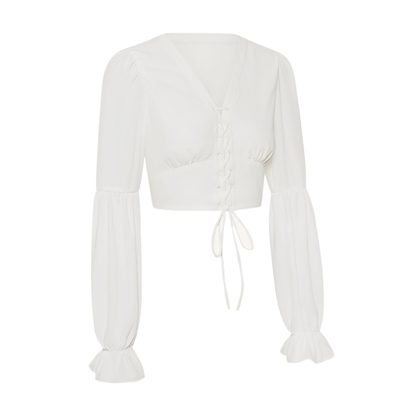 JW PEI Chiffon Lantern-Sleeve Tie-Front Cropped Blouse