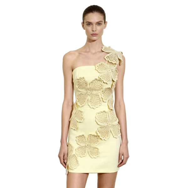 Crochet Floral Appliqué Mini Dress in Yellow
