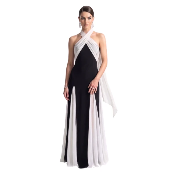 Cross Halter Draped Contrast Slit Maxi Gown in Black & White