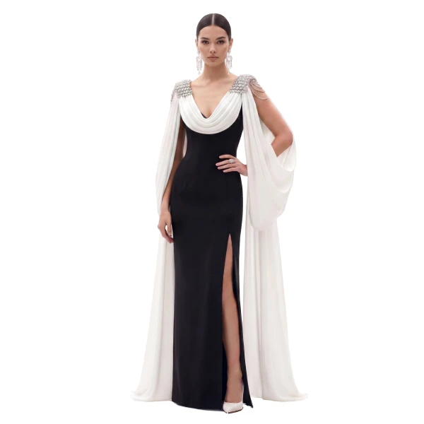 Crystal Shoulder Cape Maxi Dress in Black & Ivory