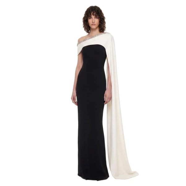 Crystal-Trim Cape Maxi Dress in Black & Ivory