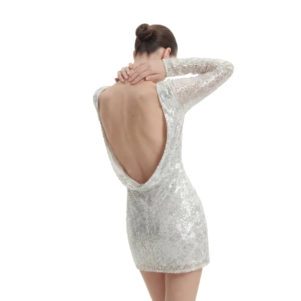 Diagonal Sequin Open-Back Long Sleeve Mini Dress in White