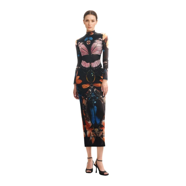 Double-layered Mesh Sheer Butterfly and Beetle Gown in Multicolor