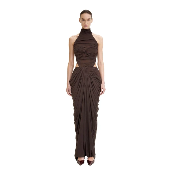 Draped Twist-Front Maxi Skirt in Brown