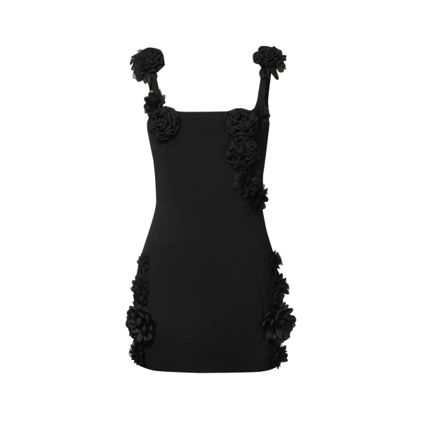 Elaina Black Rosette Applique Mini Dress in Black