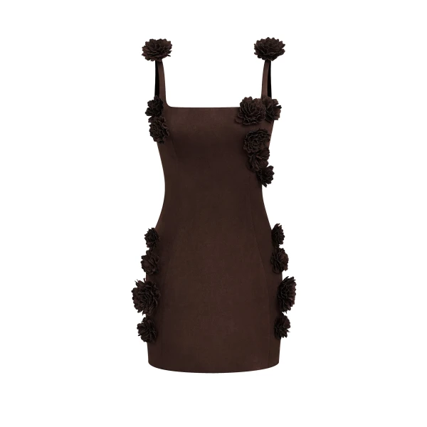 Elaina Rosette Applique Mini Dress in Chocolate Brown