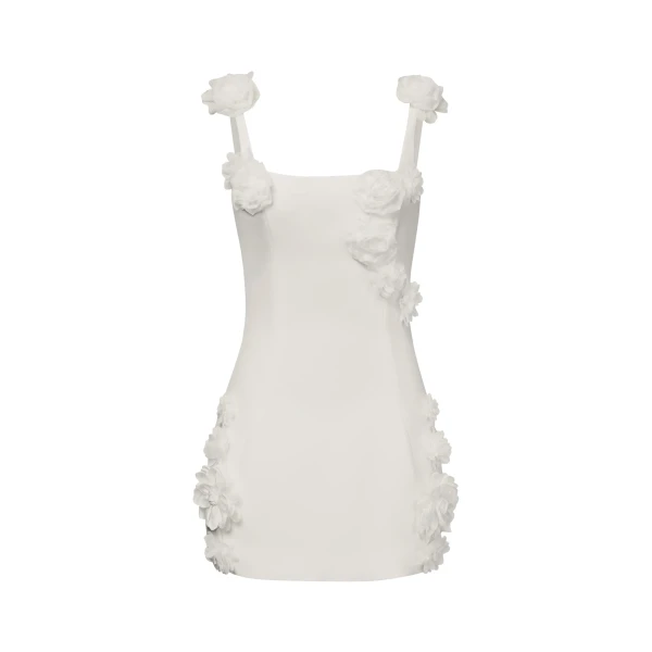 Elaina White Rosette Applique Mini Dress in White