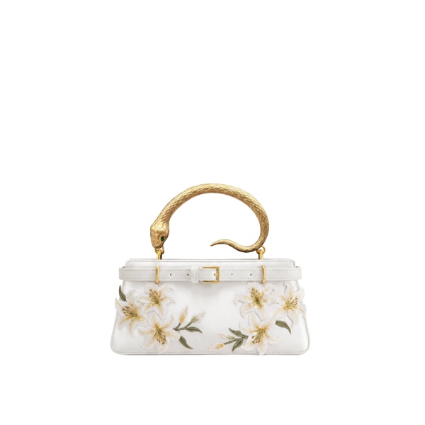 JW PEI Elena Snake Handle Lily Embroidered Top Handle Bag in White