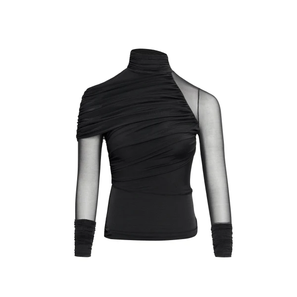Ella Sheer Ruched Turtleneck Top in Black