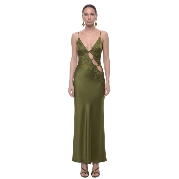 Embroidered Floral Cutout Strappy Satin Maxi Dress in Olive