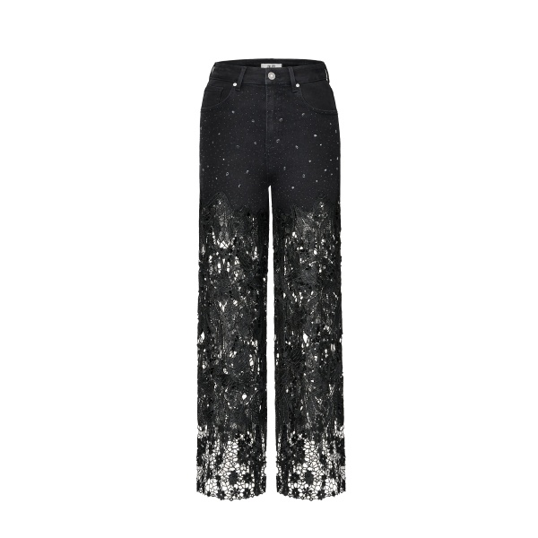 JW PEI Embroidery High Rise Wide Leg Lace Denim Jeans With Rhinestone