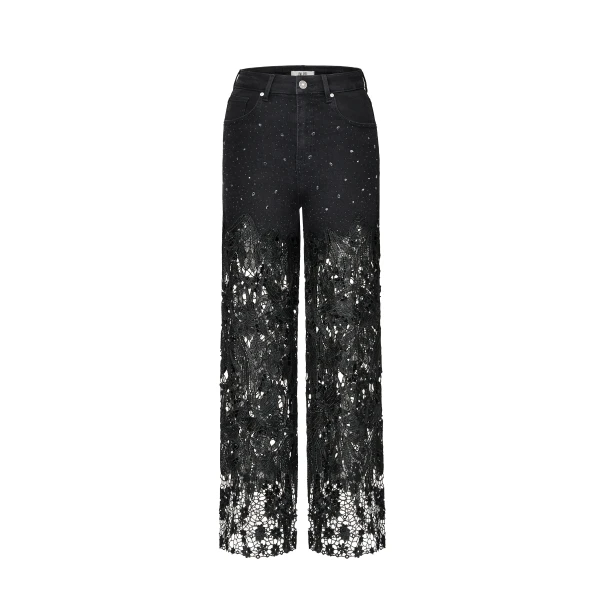 Embroidery High Rise Wide Leg Lace Denim Jeans With Rhinestone in Black