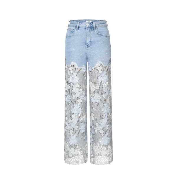 Embroidery High Rise Wide Leg Lace Denim Jeans With Rhinestone in Light Blue