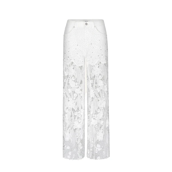 Embroidery High Rise Wide Leg Lace Denim Jeans With Rhinestone in White