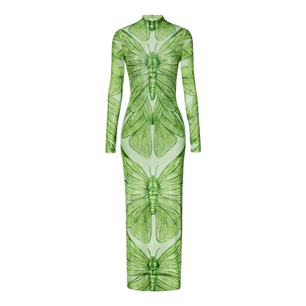 Emerald Dragonfly Sheer Mesh Gown in Green