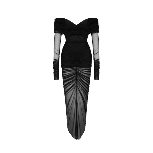 Emily Elegant Off-Shoulder Ruched Gown in Black