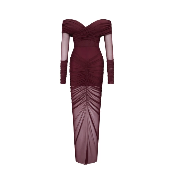 Emily Elegant Off-Shoulder Ruched Gown in Red