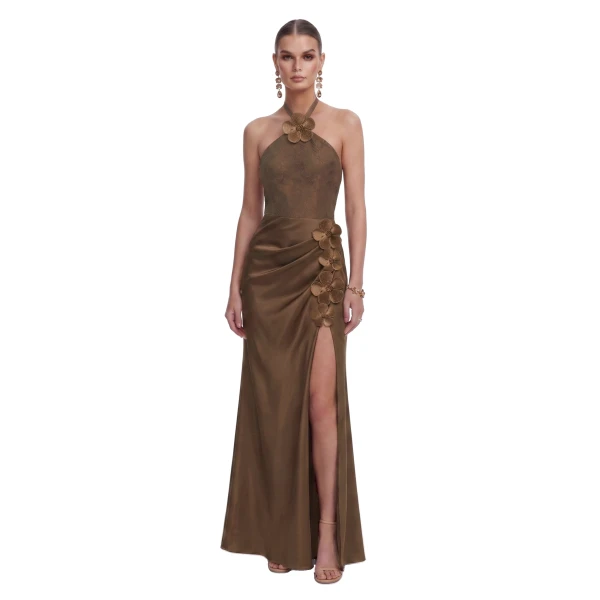Floral Appliqué Halter Slit Satin Maxi Dress in Brown