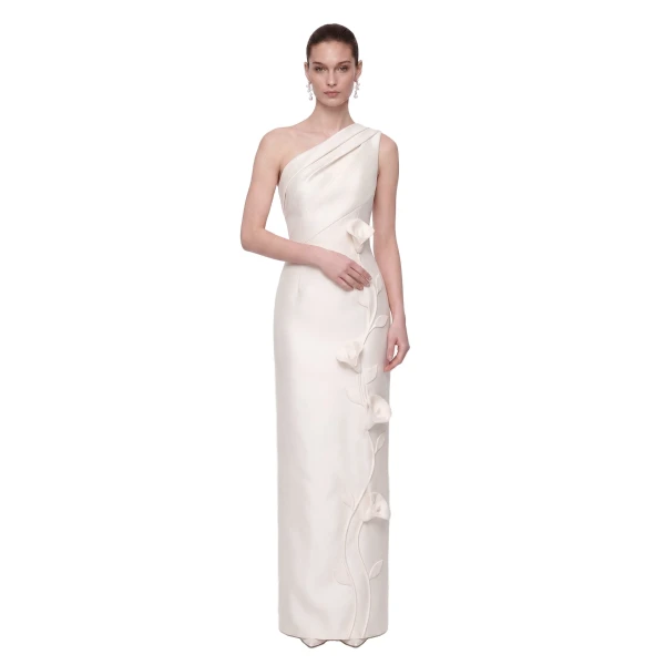 Floral Appliqué One-Shoulder Maxi Dress in White