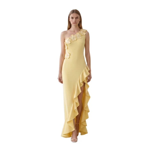 Floral Appliqué One Shoulder Ruffle Slit Dress in Yellow