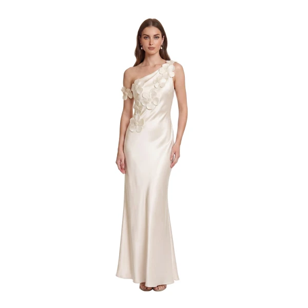 Floral Appliqué One Shoulder Sheath Maxi Dress in Ivory