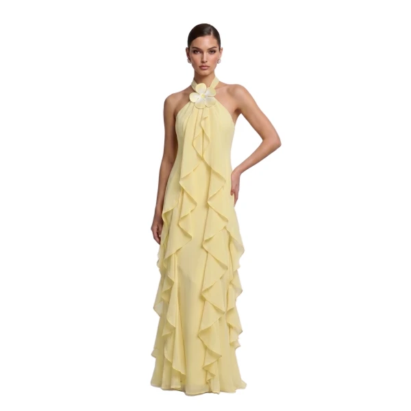 Floral Appliqué Ruffle Halter Chiffon Maxi Dress in Yellow