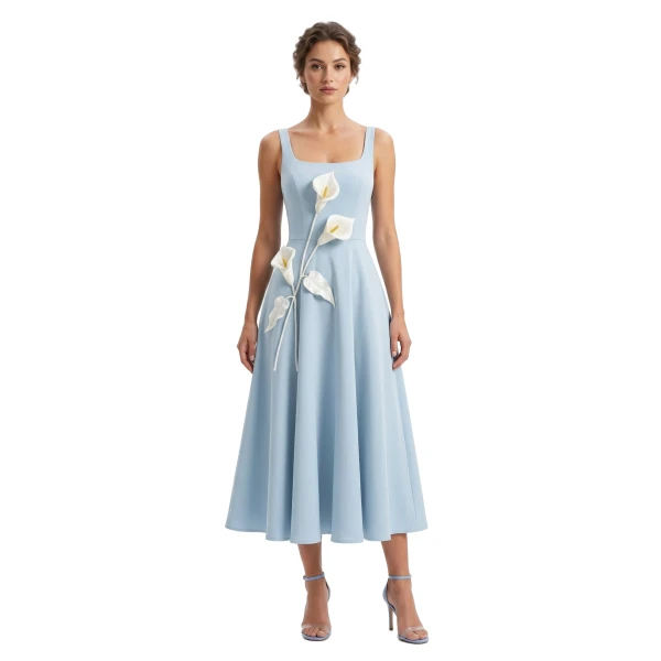 Floral Appliqué Square Neck Midi Dress in Light Blue