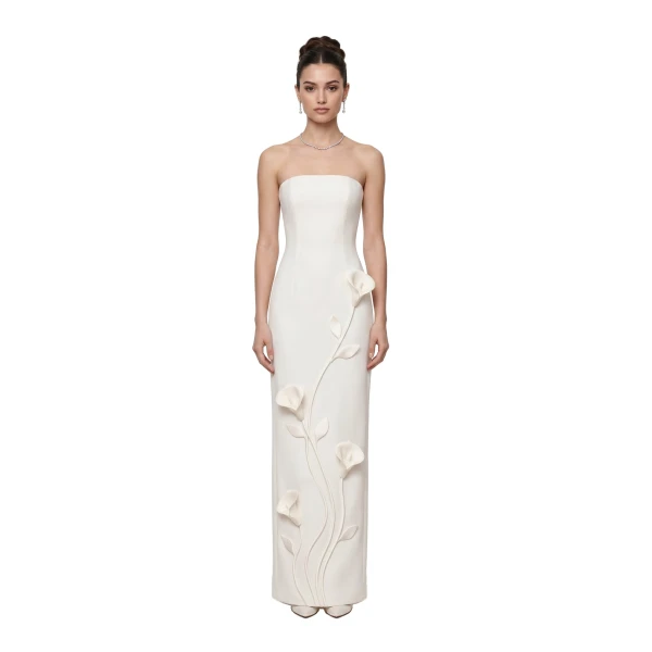 Floral Appliqué Strapless Column Dress in White