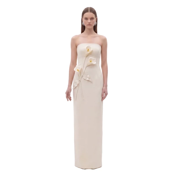 Floral Appliqué Strapless Dress in Cream Ivory