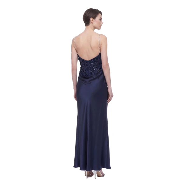 Floral Embellished Cowl-Neck Open-Back Satin Maxi Dress in Navy
