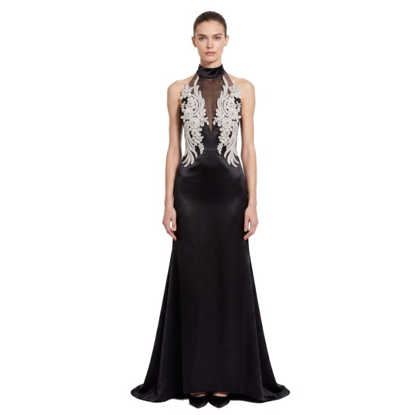 JW PEI Floral Embellished Halter Sheer Satin Maxi Dress