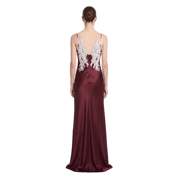 Floral Embellished Open-Back Satin Maxi Dress in Burgundy