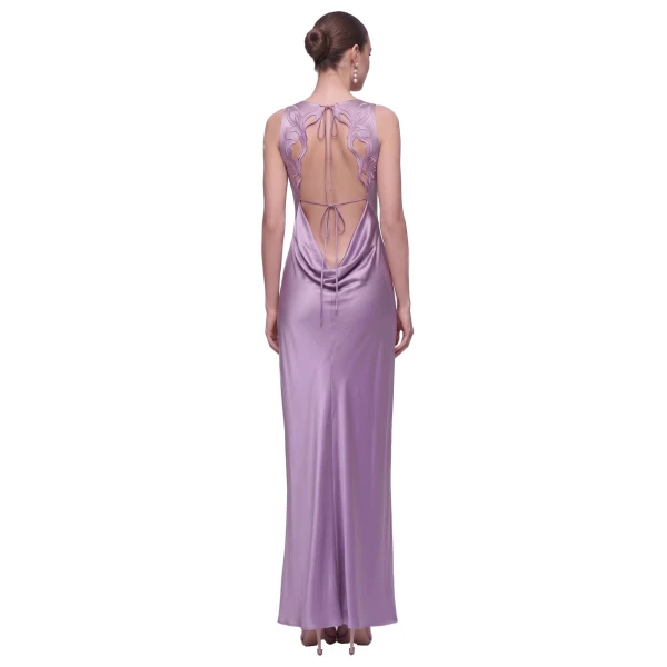 Floral Embellished Open-Back Satin Maxi Dress in Lilac