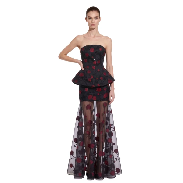 Floral Embellished Strapless Sheer-Hem Maxi Dress in Black & Red
