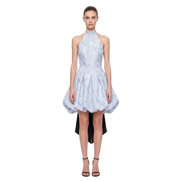 Floral Halter Bow Bubble Mini Dress in Light Blue