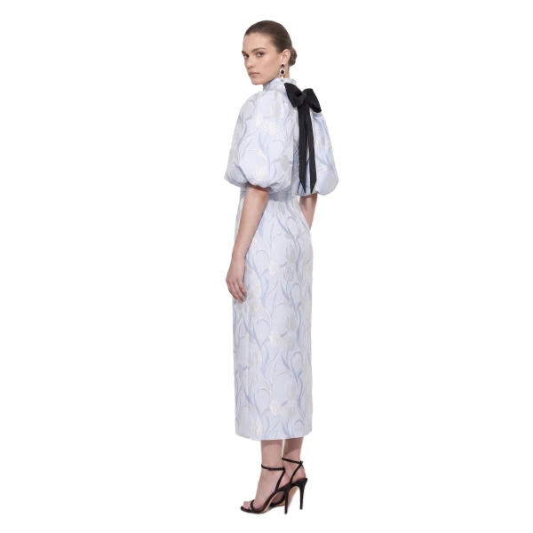 Floral Jacquard Bow-Back Puff-Sleeve Midi Dress in Light Blue