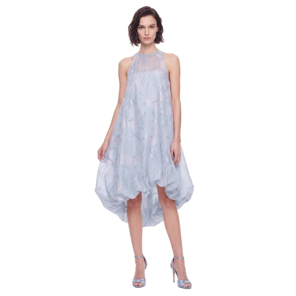 Floral Jacquard Halter Bubble-Hem Midi Dress in Light Blue