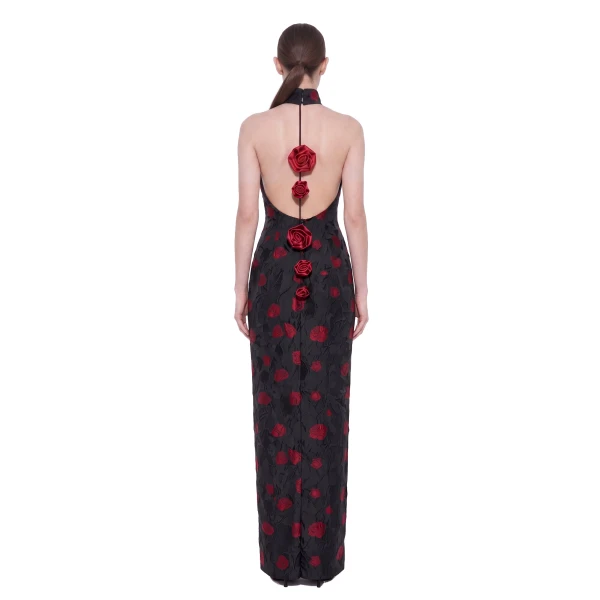 Floral Jacquard Halter Open-Back Maxi Dress in Black & Red