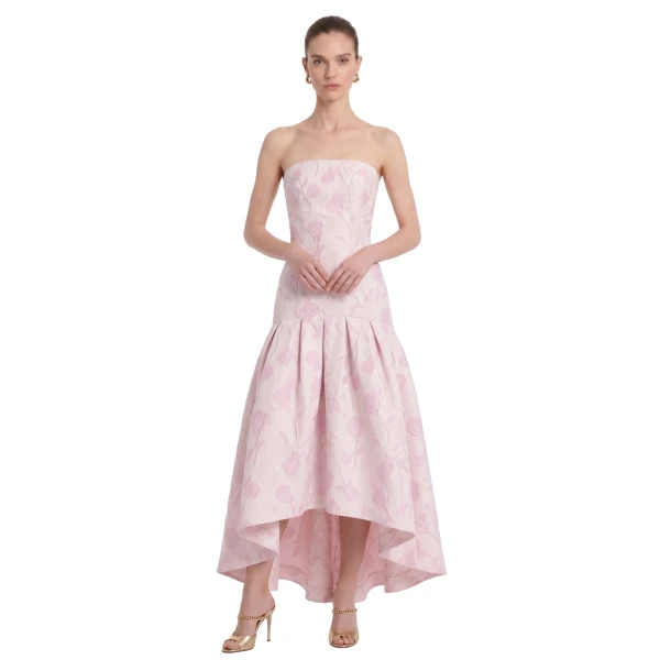 Floral Jacquard Strapless High-Low Maxi Dress in Blush Pink