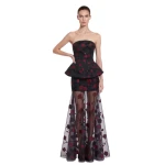 JW PEI Floral Jacquard Strapless Peplum Top
