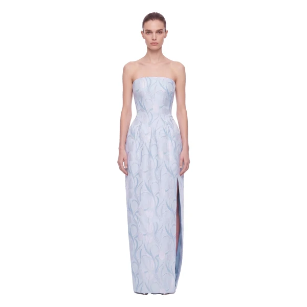 Floral Jacquard Strapless Slit Maxi Dress in Light Blue