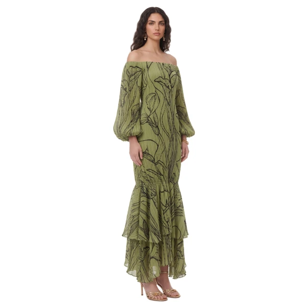 Floral Print Off-Shoulder Tiered Maxi Dress in Olive Green